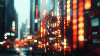 Glowing stock analytics on blurry city background. Trade and investment concept. Multiexposure