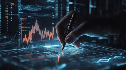 Hand drawing glowing stock charts with big data interface on virtual screen. Trade and finance concept. Multiexposure