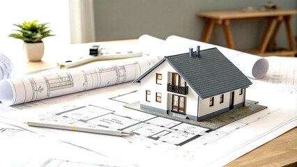 Minimalist Photography of a Complete Construction Project Featuring Residential Building Blueprint Plans and a House Model in a Clean, Modern Layout for Architectural Design Showcase