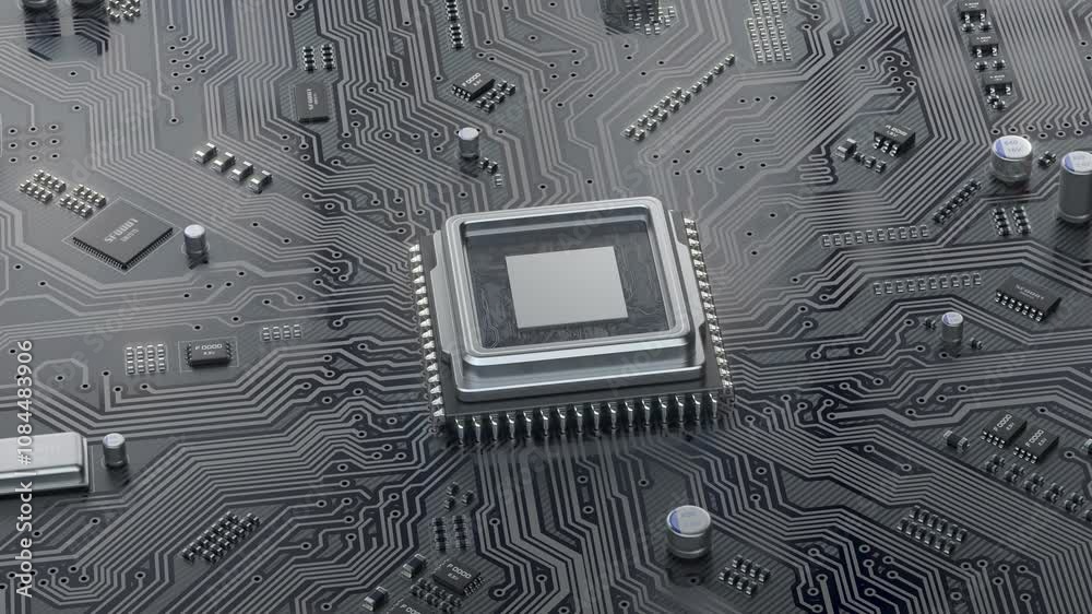 Poster CPU computer processor on circuit board data processing and AI artificial intelligence. 3d animation