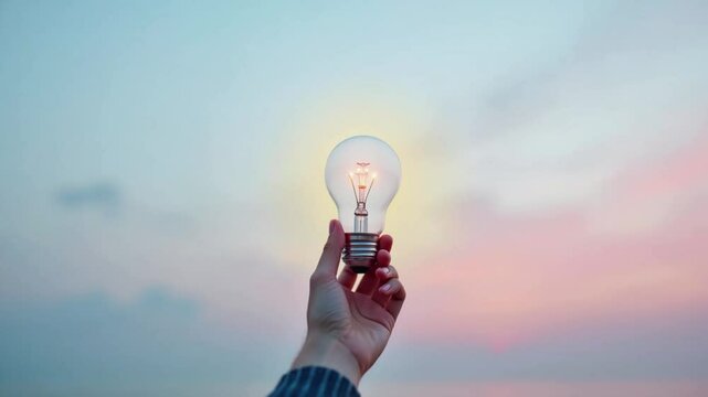 V&iacute;deo de conceito de &iacute;d&eacute;ia criatividade neg&oacute;cios segurando a lampada acendendo piscando