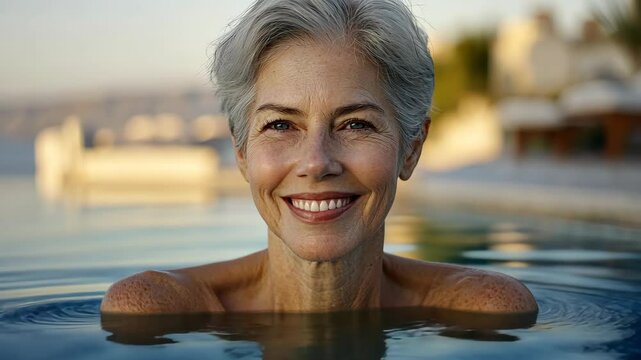 A mature woman with a short, gray pixie cut smiles serenely while partially submerged in a tranquil swimming pool