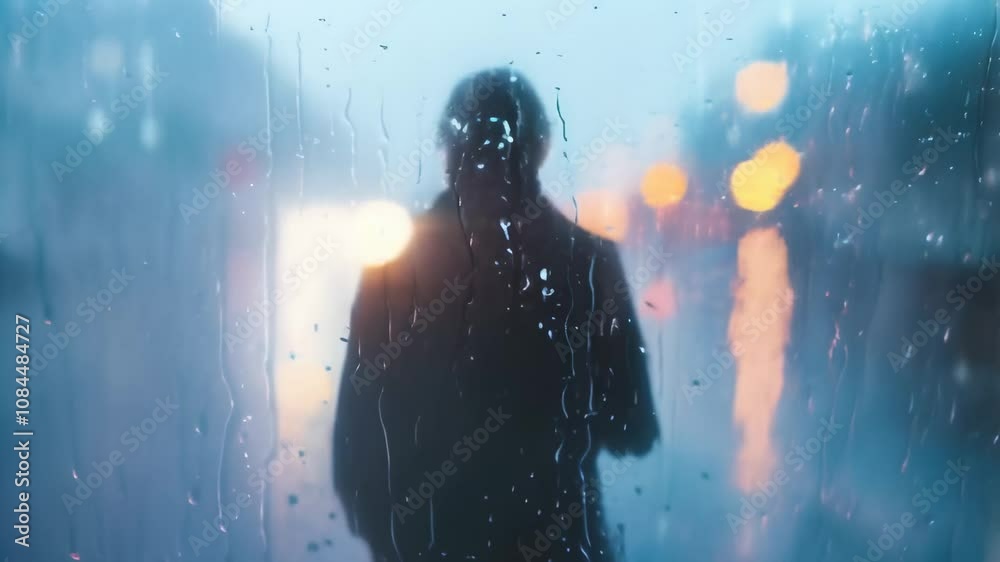 Aufkleber blurred silhouette of a lonely person walking in the rain behind a wet glass with raindrops and ligh