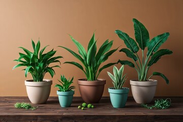Obraz premium Stunning Eco-Friendly Potted Plants on Earth-Toned Background Featuring 3D Green Flora Display