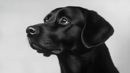 Close-up of a majestic black Labrador Retriever, its dark fur gleaming against a light gray background. The dog's expressive eyes and noble pose capture its serene yet watchful nature.