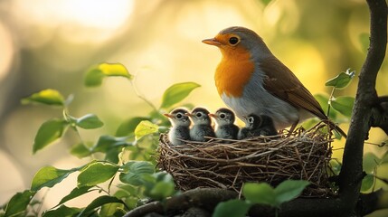 Robin Protecting Baby Birds in Nest.