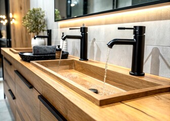 Modern Bathroom with Elegant Double Vanity, Stylish Wooden Countertop, and Sleek Black Faucets Captured in Long Exposure for Serene Home Decor Inspiration