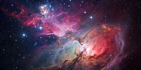 Naklejka premium Close-up of a stunning nebula in deep outer space with vibrant colors, cosmic, interstellar medium, nebula, planetary, galaxy view