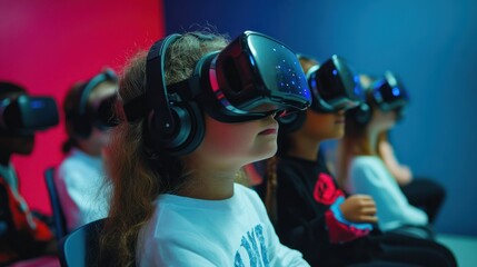 A group of children experiencing virtual reality with headsets in a classroom setting, exploring new technology and immersive learning experiences
