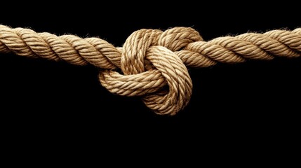 Close-up of a tightly tied knot in a thick, tan rope against a stark black background.  The texture and detail of the rope are sharply in focus.