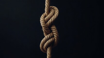 Close-up of a complex knot tied in a thick, natural rope against a dark background. The texture and detail of the rope are highlighted.