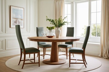 Stylish Round Wooden Dining Table with High-Back Chairs in Bright Elegant Space with Abundant Natural Light