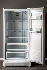 Modern white refrigerator with open doors showcasing empty shelves and drawers in a kitchen