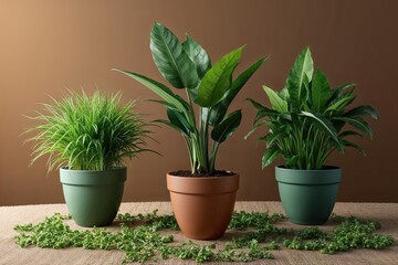 Obraz premium Stunning Eco-Friendly Potted Plants Displayed on Earth Toned Background in 3D Flora Showcase