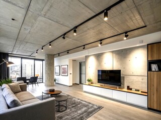 Modern Minimalist Studio Apartment with Concrete Ceiling and Track Lighting Showcasing Industrial Aesthetics in a Stylish, Functional Space for Contemporary Living