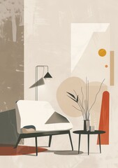 Obraz premium A white chair is in a room with a table and a vase of flowers. The room has a modern and minimalist design