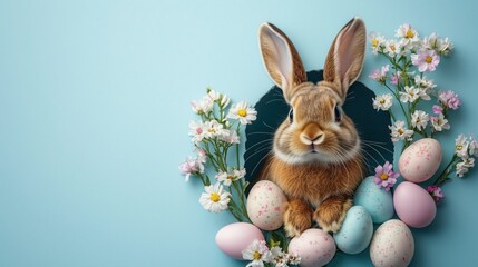 Obraz premium Adorable easter bunny peeks out of a light blue paper hole, surrounded by pastel easter eggs and delicate spring flowers, creating a charming easter card design