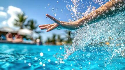 Refreshing Splash of Water from a Hand in a Brightly Lit Swimming Pool Surrounded by Lush Palm Trees Under a Clear Blue Sky