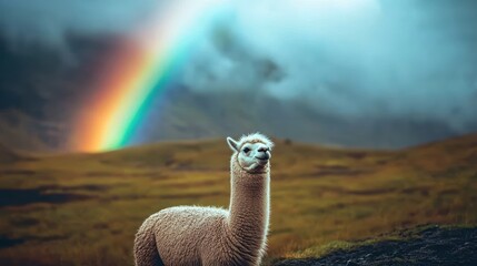 A Majestic Alpaca Standing in a Lush Green Landscape Under a Vibrant Rainbow Against a Stormy Sky in a Captivating Outdoor Scene