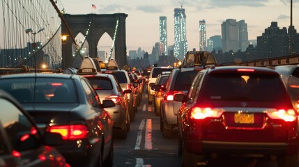 Evening Traffic Jam on Brooklyn Bridge with NYC Skyline in Background Highlighting Urban Life,...