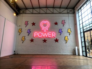 Neon Girls Power Sign with Glowing Female Symbol, Heart and Lightning Shapes on Minimalist Background, Celebrating Empowerment and Feminism in Vibrant Colors