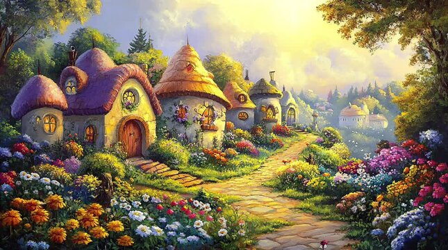 Fantasy wooden houses glowing in magical forest under soft sunlight
Seamless looping 4k time-lapse virtual video animation Generated AI