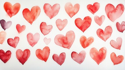 A vibrant arrangement of red hearts in various shapes painted in watercolor on a white background, perfect for expressing love and affection, Valentine's Day background