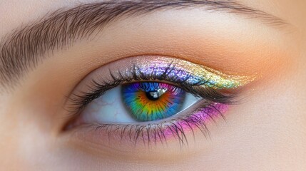 Obraz premium Vibrant Rainbow Eye Makeup with Colorful Glowing Contact Lens