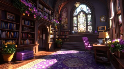 Obraz premium Sunlit Enchanted Library with Stained Glass and Elegant Purple Accents
