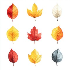 Obraz premium Charming autumn watercolor clip art set featuring 10 vibrant leaves in yellow and red showcasing nature's seasonal beauty