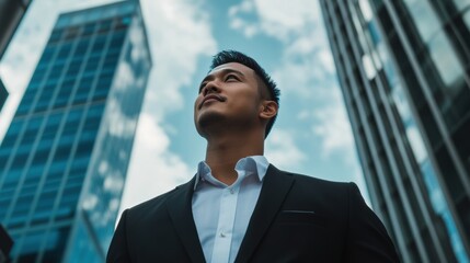 Fototapeta premium Professional man looking upwards among city skyscrapers in daylight