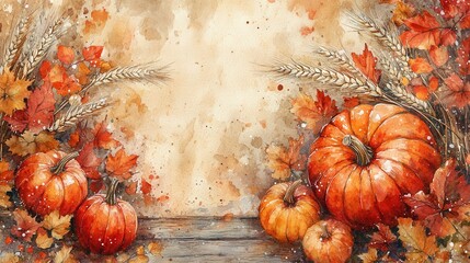 Vibrant watercolor illustration of pumpkins and autumn leaves on a rustic wooden table perfect for festive Thanksgiving decor