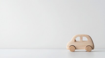 A simple wooden toy car on a white background, highlighting a minimalist design perfect for children\'s playtime or decorative purposes