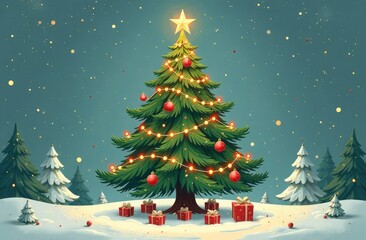 Obraz premium Christmas tree with a Christmas star, toys, light garlands