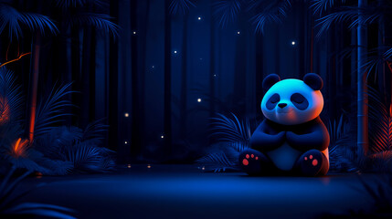 Naklejka premium A panda can be seen sitting quietly in a dark forest, surrounded by lush vegetation and illuminated by soft starlight in the evening
