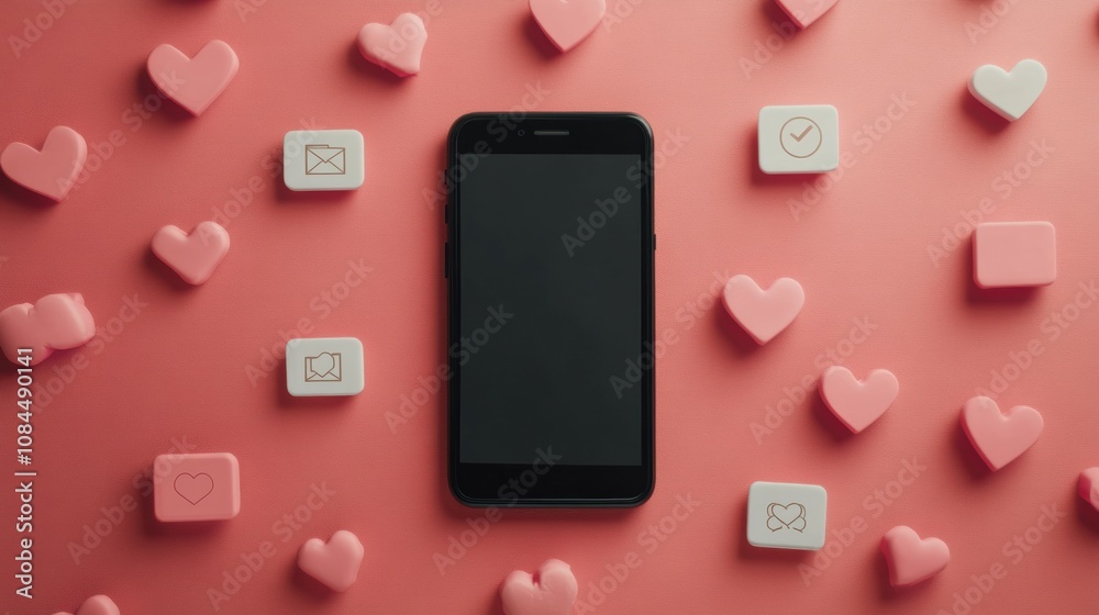 Aufkleber A smartphone rests on a pink surface, with various colorful pop-up icons symbolizing notifications, likes, and comments surrounding it. Generative AI