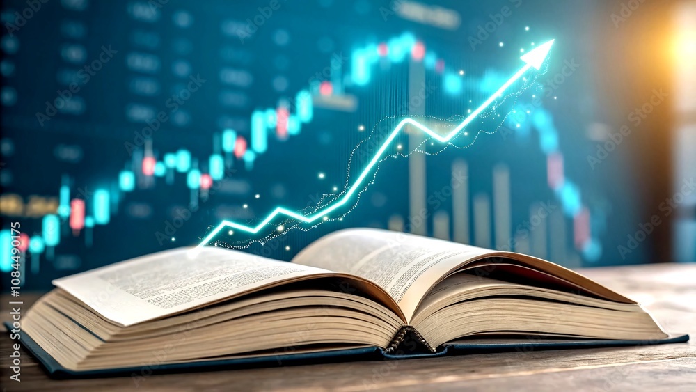 Poster open book symbolizing financial growth with glowing graph line against abstract data charts and boke