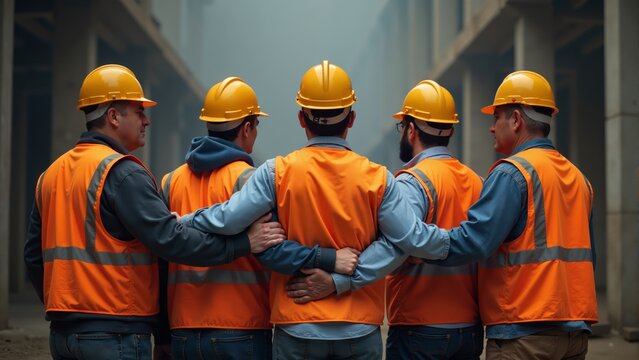 Construction workers unite in teamwork at a busy building site during early morning light
