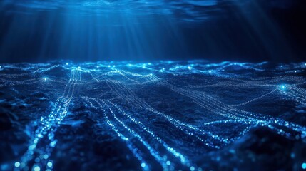 Bioluminescent ocean. underwater network of light beams link subsea data stations for communication