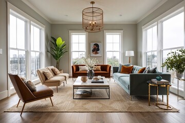Fototapeta premium Contemporary Living Room Decor Ideas with Bright Natural Light and Stylish Furniture