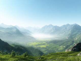 Obraz premium Breathtaking panoramic view of misty mountain ranges with green fields in the foreground under a clear blue sky.