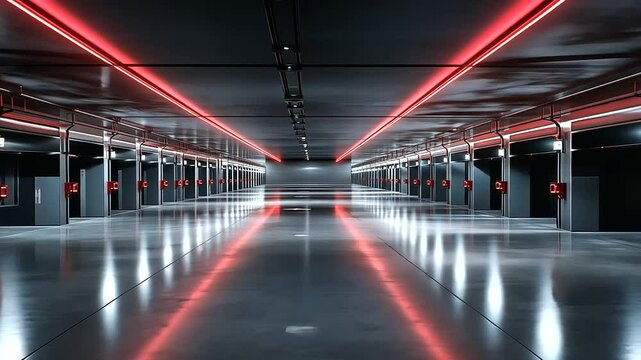 Inside a well-lit pig barn, IoT sensors attached to the ceiling track movement and environmental conditions, while pigs roam below, with automated feeding and watering systems in p