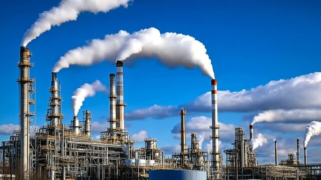 A large refinery with carbon capture systems actively pulling CO from the air, converting it into a usable form, and sending it into a vast underground reservoir to symbolize CCUS