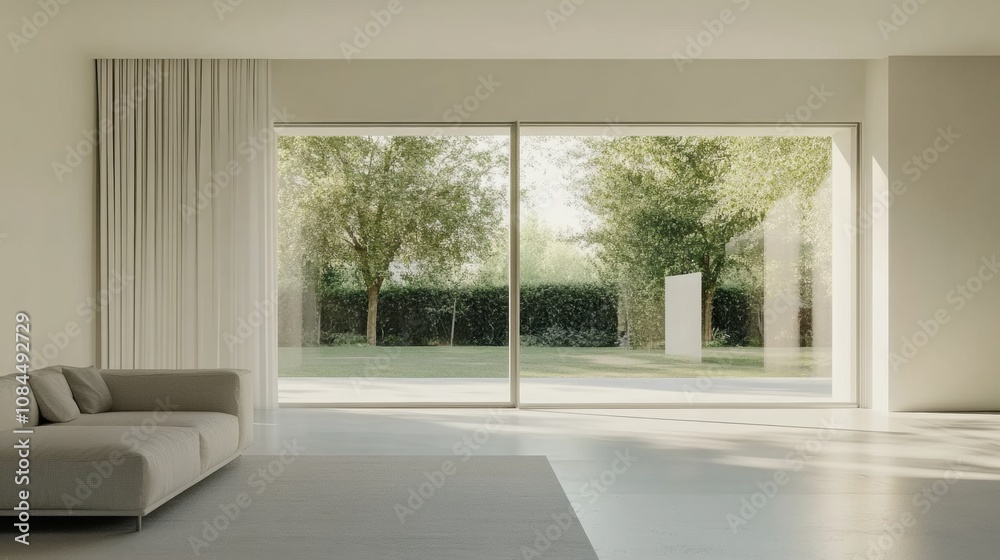 Poster this modern living room features expansive windows that provide a view of a serene garden filled wit
