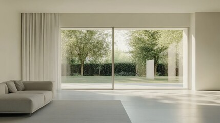 Fototapeta premium This modern living room features expansive windows that provide a view of a serene garden filled with lush greenery and bright light. Generative AI