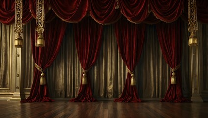 A large room with rich red velvet curtains, gold trim, and hanging bells. Wooden floor.

