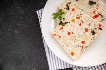 fish terrine and sea scallops san jacques seafood fresh tasty food dish delicious gourmet food background on the table rustic food top view copy space keto and paleo diet pescetarianism diet