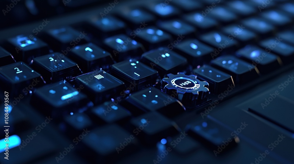 Aufkleber A modern keyboard is highlighted with a mouse and gear graphic, emphasizing connections between devices in a digital workspace. Generative AI