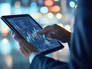 Businessman using tablet to analyze digital rising financial graph, indicating business growth and success.