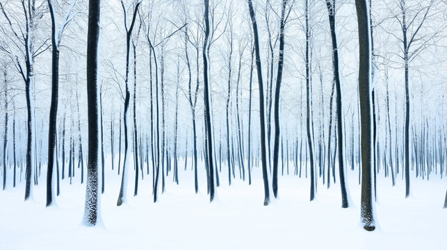 Snow-covered forest with symmetrical leafless trees in a winter landscape capturing calm and serenity. - Powered by Adobe